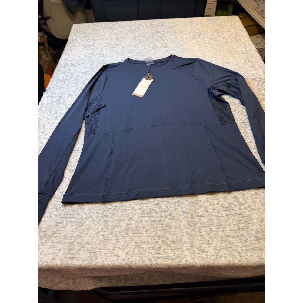 CALIA Womens 1x Athletic Top Mesh Details Thumbholes Navy run long & lean LS NWT